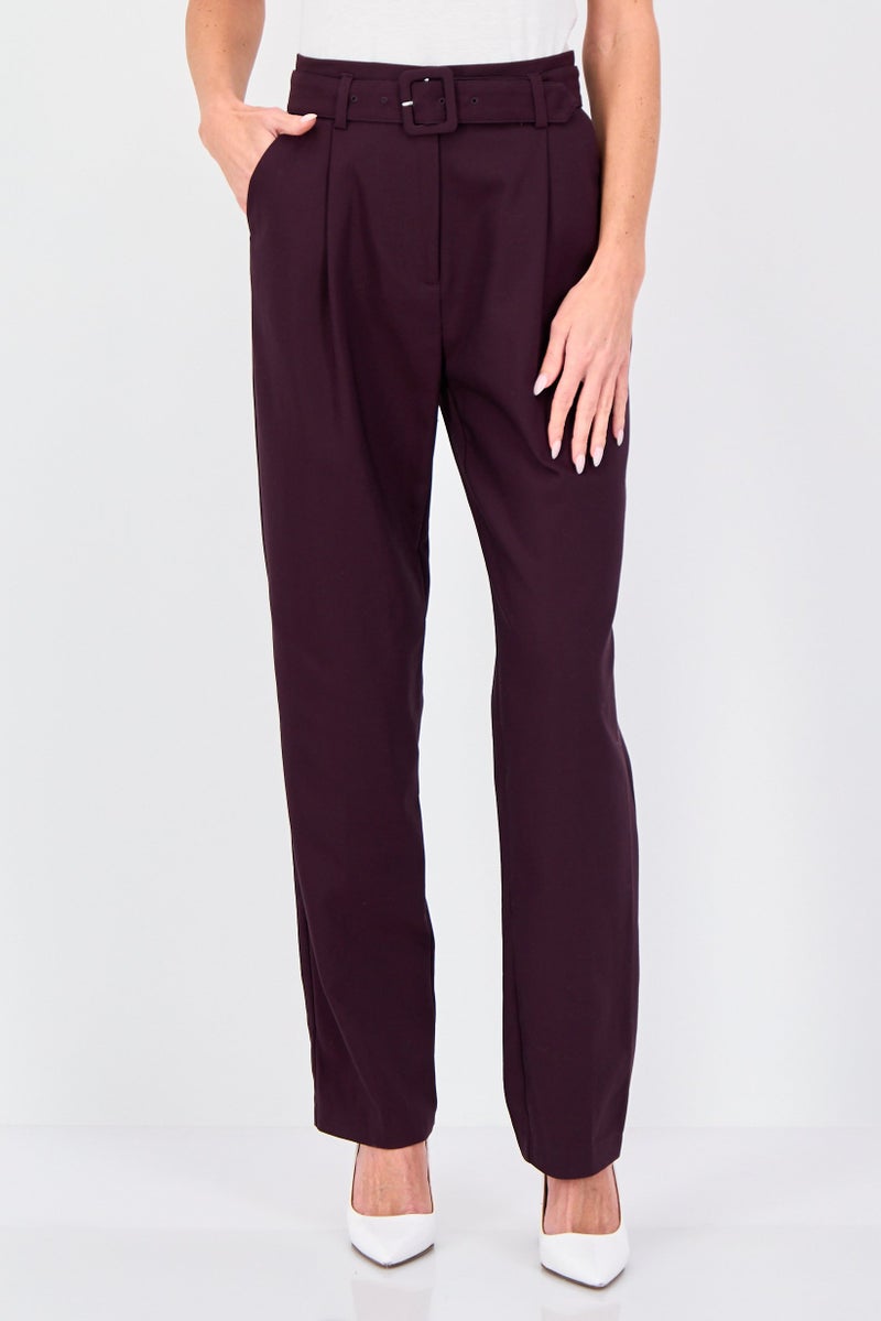 promod Women Regular Fit Plain Belted Straight Pants, Purple - Image 1